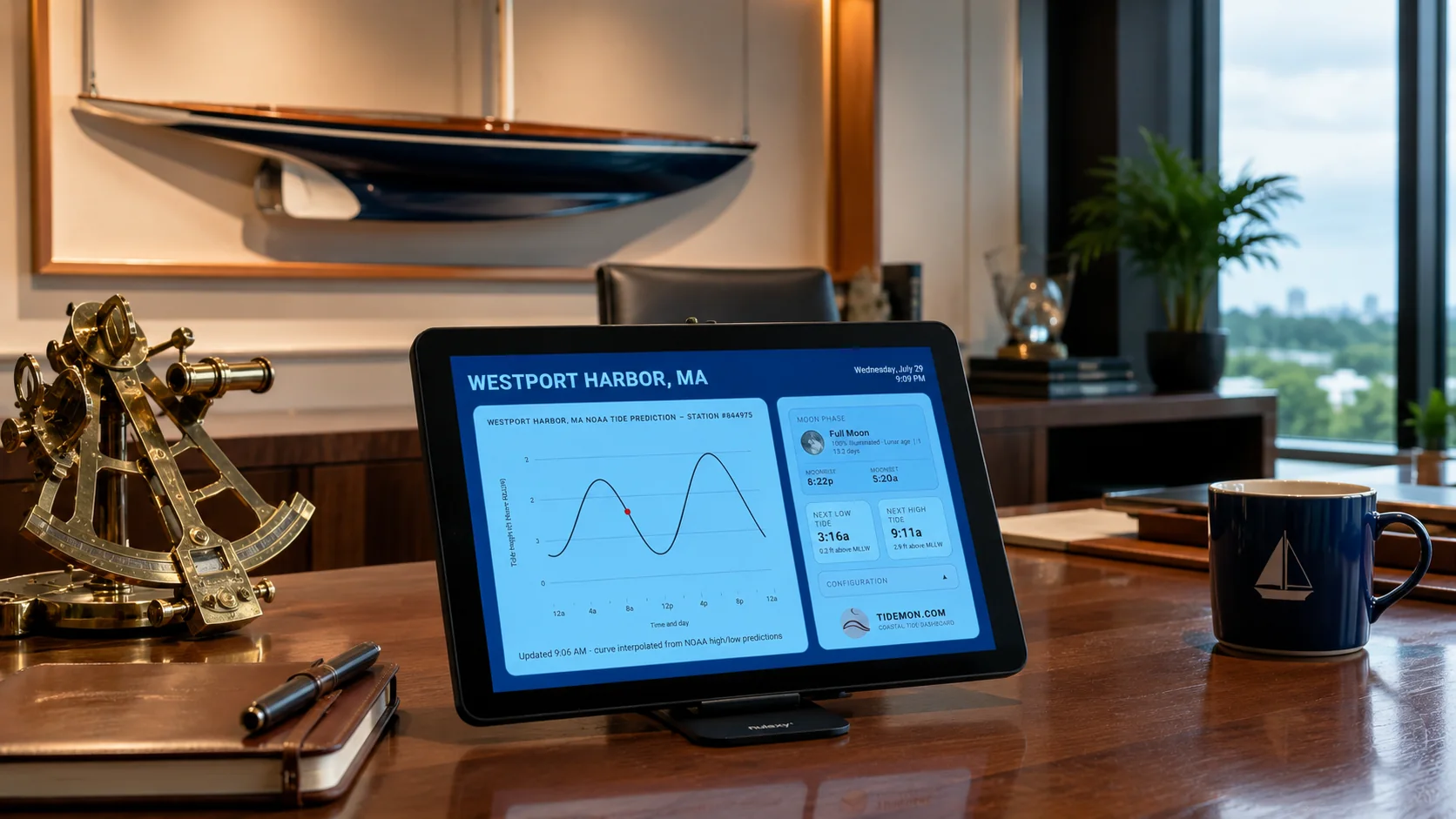 TideMon on a modern office desk beside a restored sextant and a half-hull model
